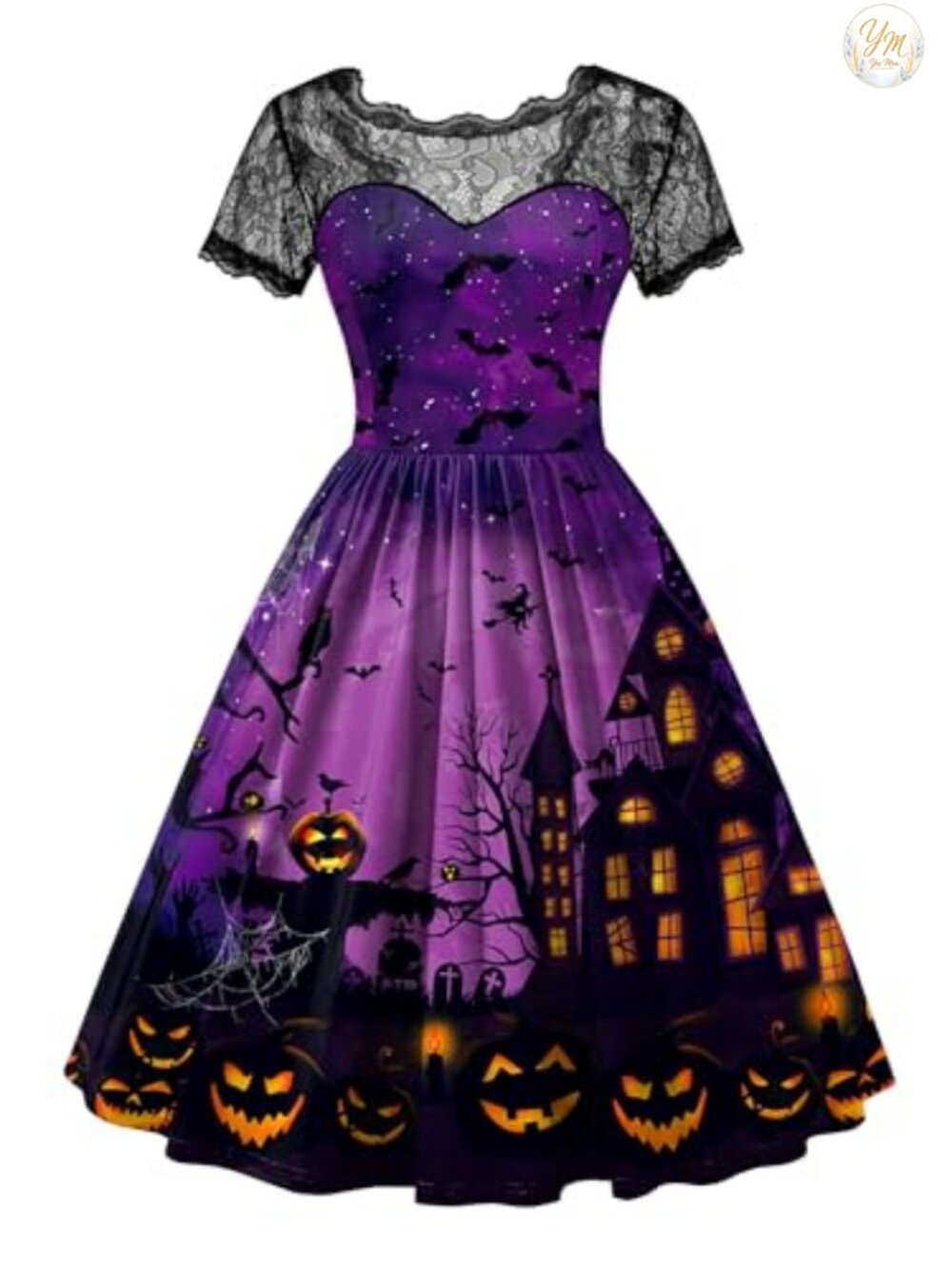 Women's Halloween Witch Costume Lace Swing Dress Short Sleeve